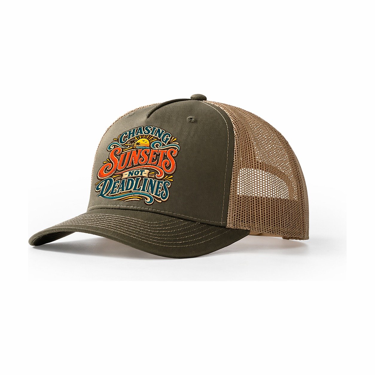 Chasing Sunsets Not Deadlines Retired Living Trucker Hat – Olive Khaki