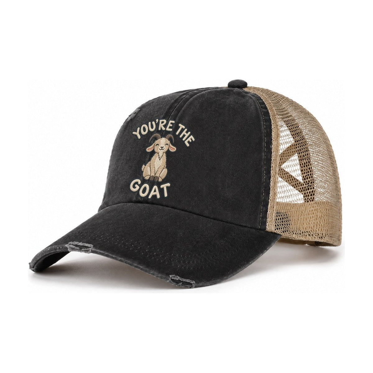 Goat Animal Puns Women's Ponytail Trucker Hat – Washed Black Khaki