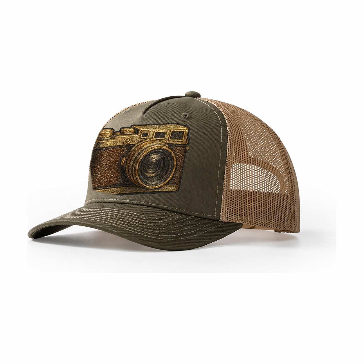 Film Camera Vintage 35mm Camera With Leather And Chrome Trucker Hat – Olive-Khaki