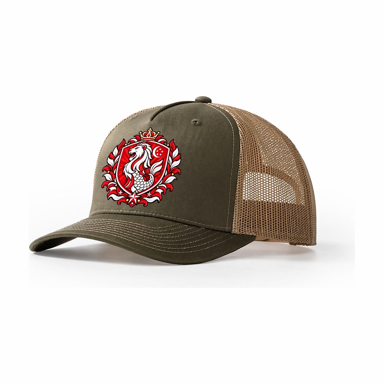 Singapore Heraldic Crest Country Logos Trucker Hat – Olive Khaki