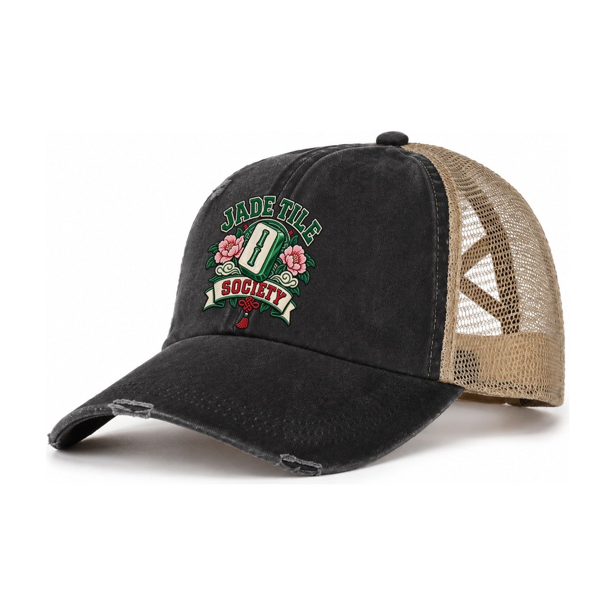 Jade Tile Society Mahjong Game Night Women's Ponytail Trucker Hat – Washed Black Khaki