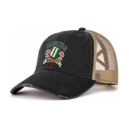 Jade Tile Society Mahjong Game Night Women's Ponytail Trucker Hat – Washed Black Khaki