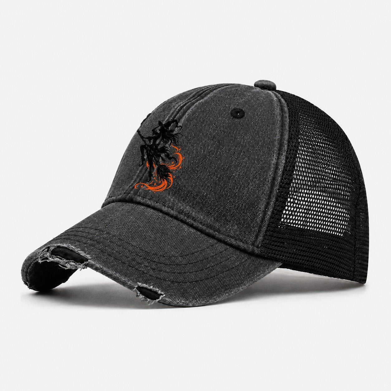 Airborne Witch On A Broom Witch Magic Washed Trucker Hat – Black
