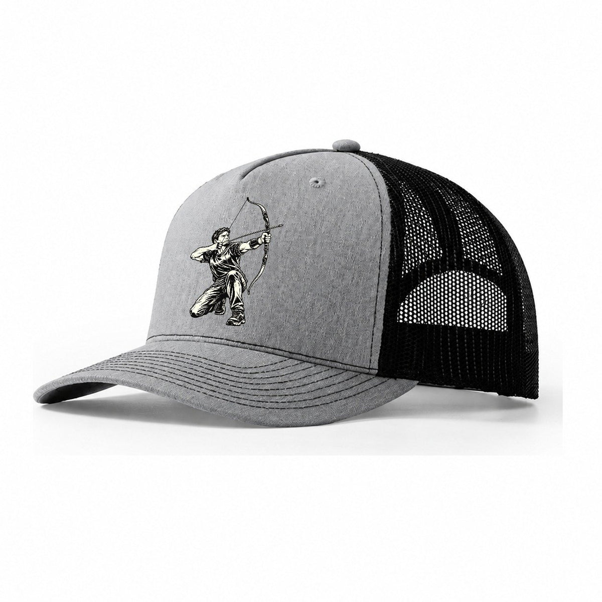 Archer Kneeling Aim Global Sports Ink Figures Trucker Hat – Sport Grey Black