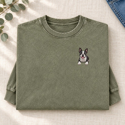 Boston Terrier Lying Down Left Chest Washed Long Sleeve T-Shirt – Army Green