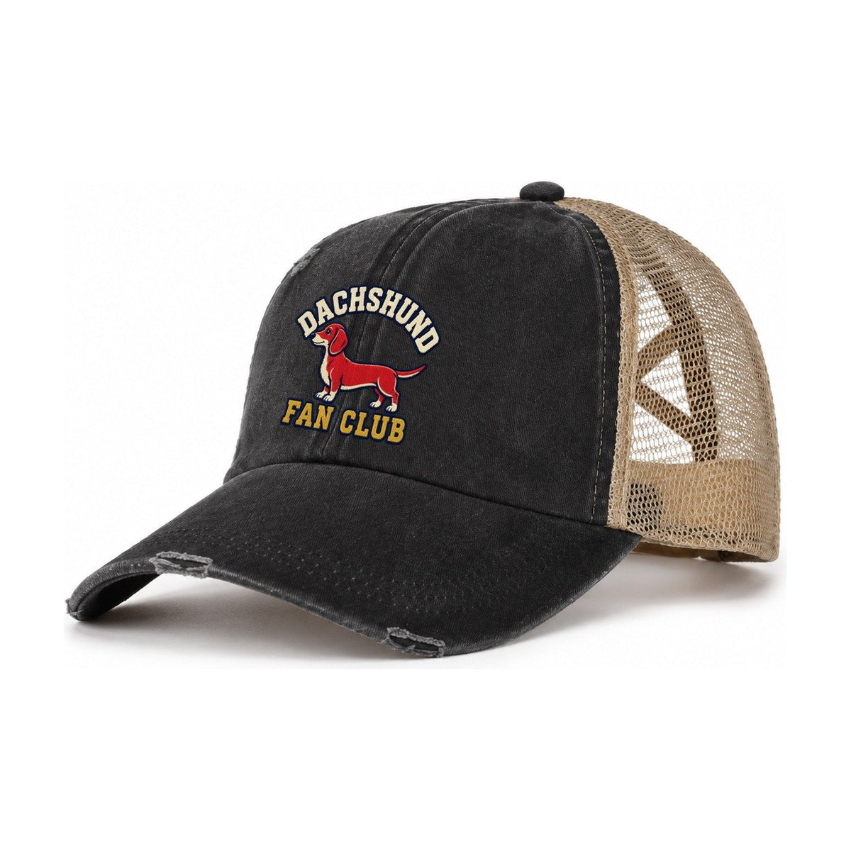 Dachshund Fan Club Women's Ponytail Trucker Hat – Washed Black Khaki
