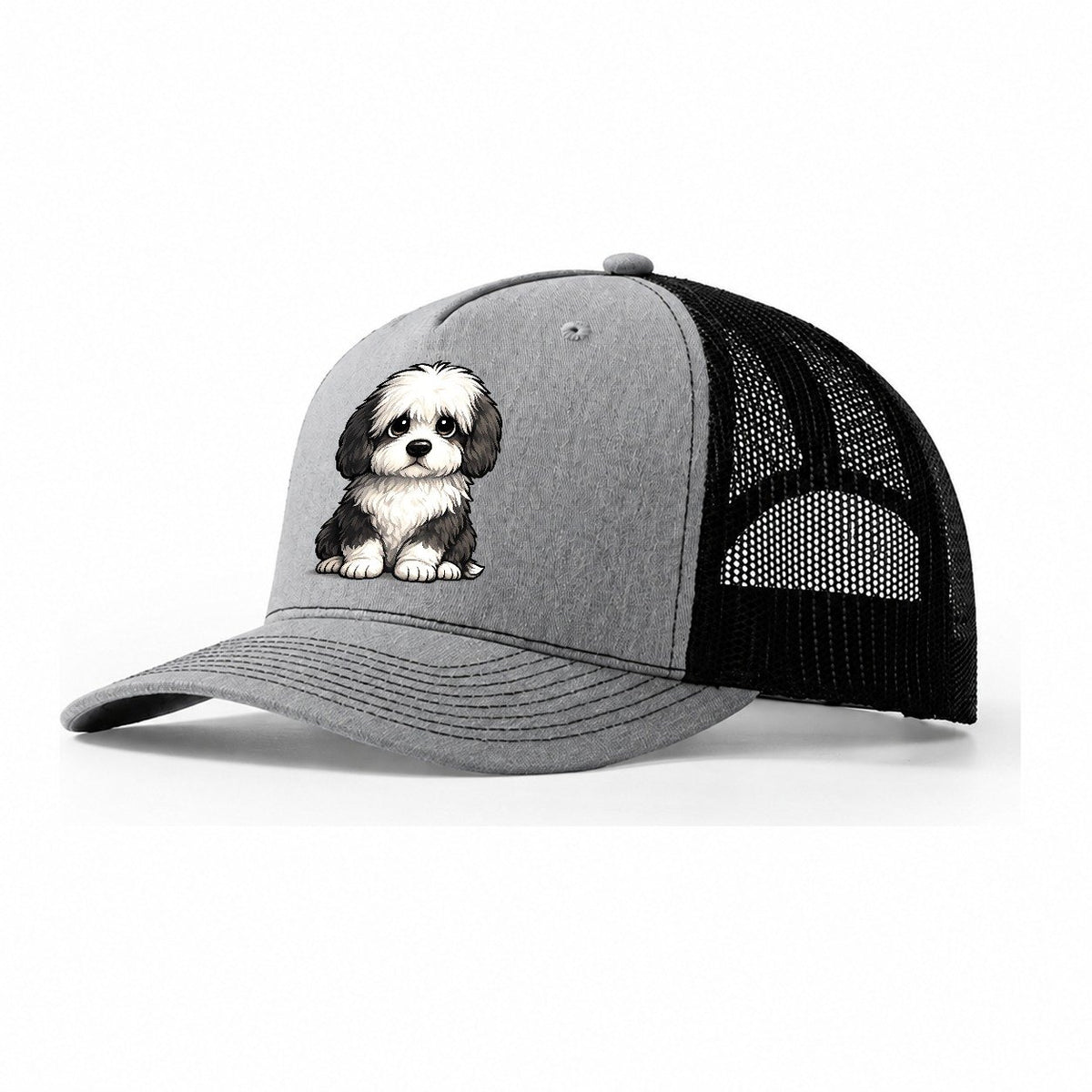 Old English Sheepdog Sitting Sweetheart Trucker Hat – Sport Grey Black