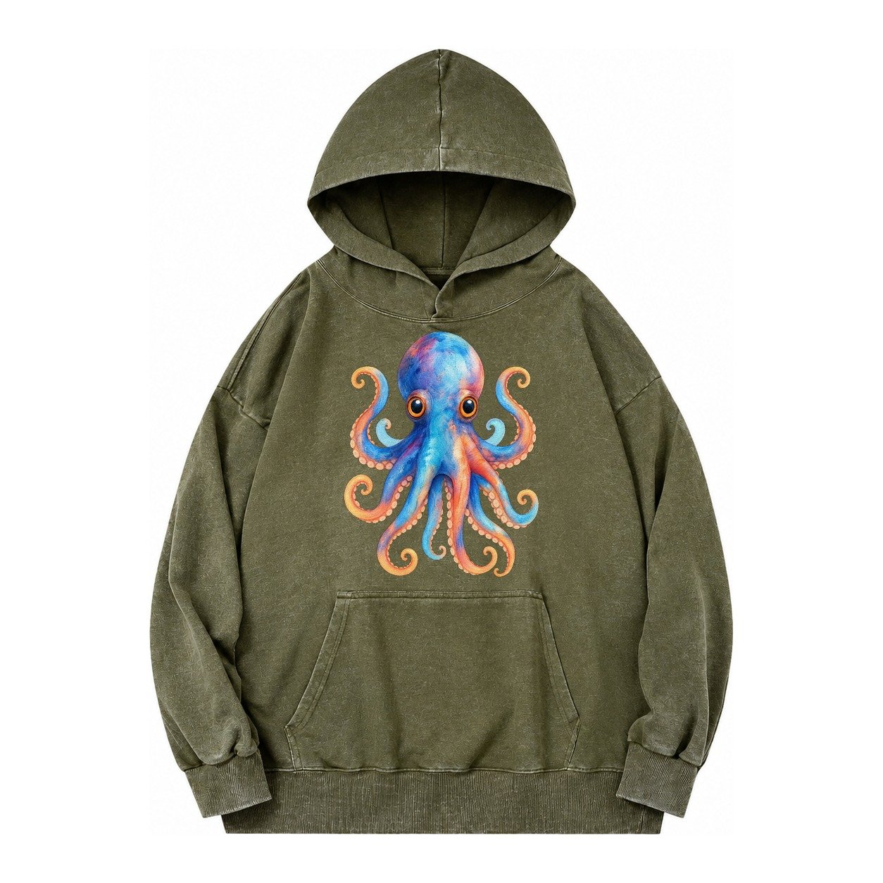 Octopus Cute Vintage Washed Hoodie – Army Green