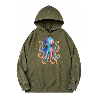 Octopus Cute Vintage Washed Hoodie – Army Green