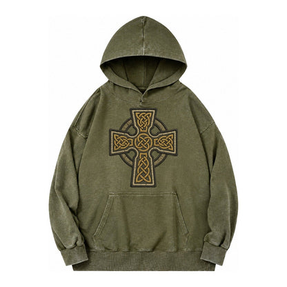 Celtic Cross Vintage Washed Hoodie – Army Green