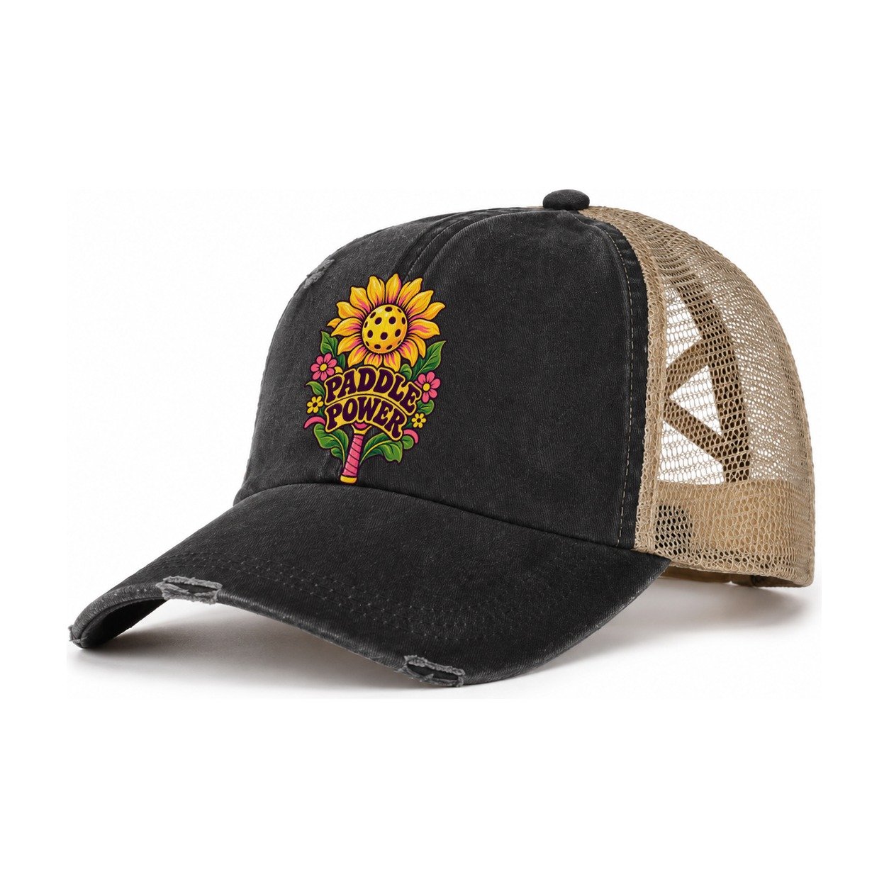 Sunflower Paddle Power Pickleball Life Women's Ponytail Trucker Hat – Washed Black Khaki