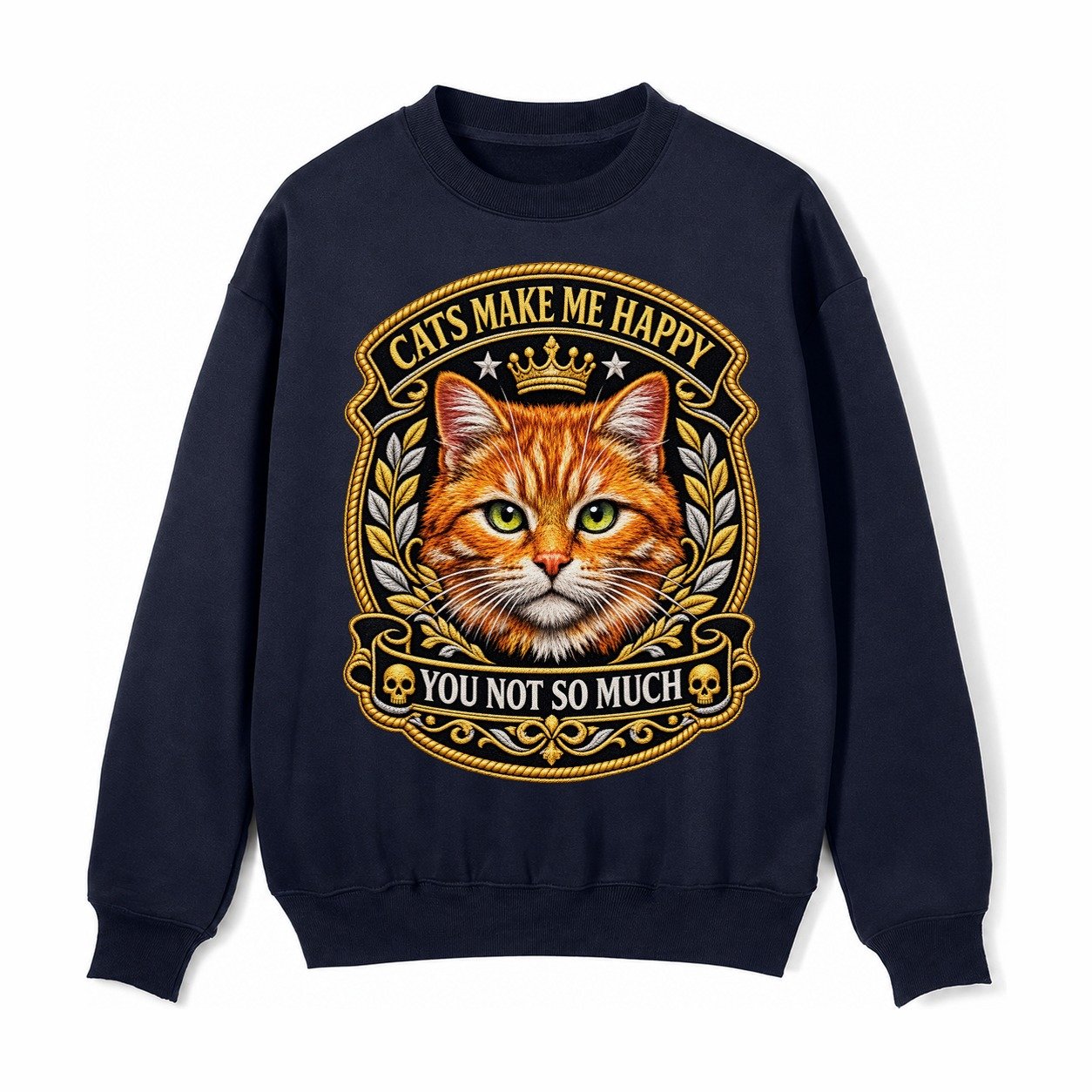 Cats Make Me Happy You Not So Much Cat Face In Orange Cat Pr Fleece Sweatshirt – Navy Blue