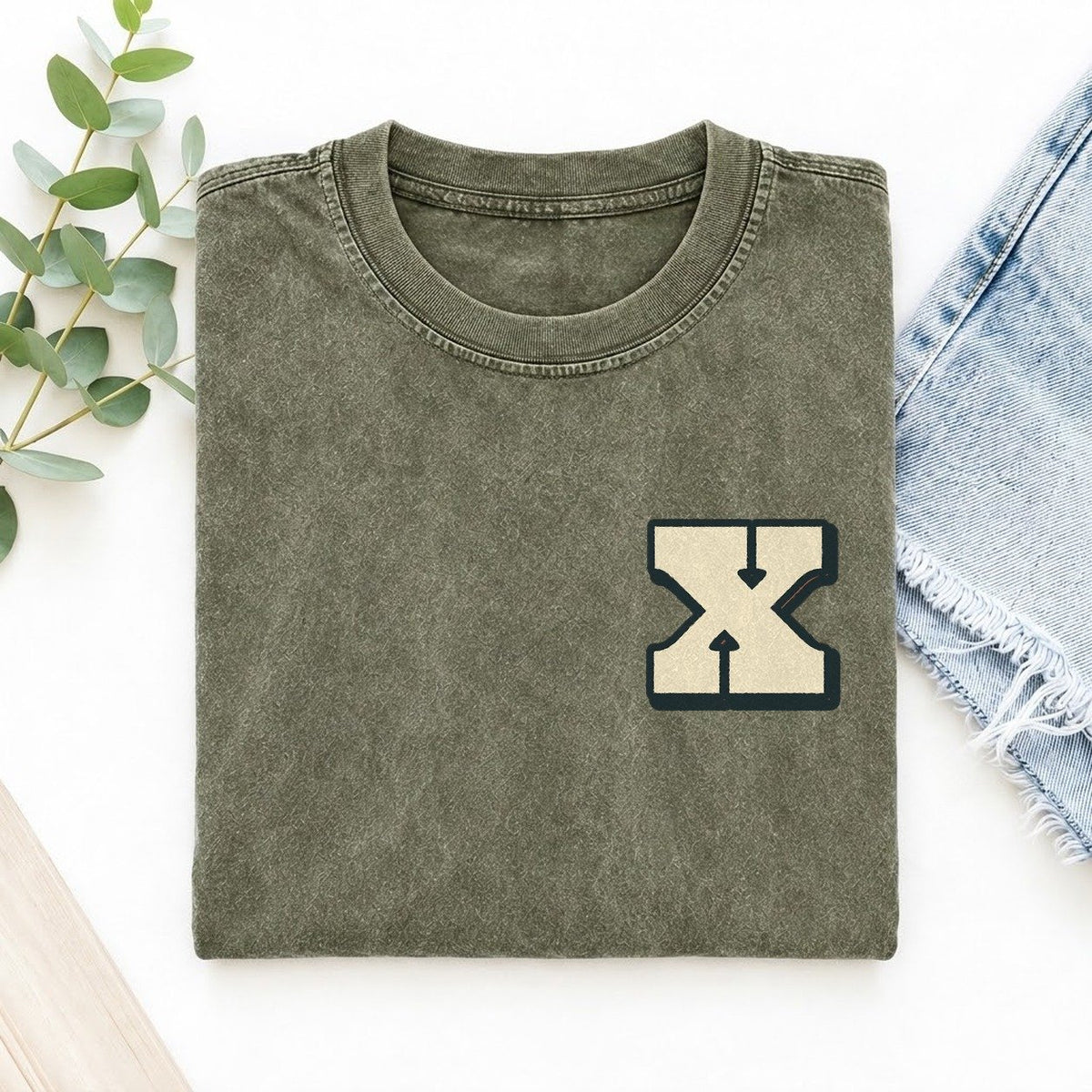 Initial X Left Chest Vintage T-shirt – Army Green