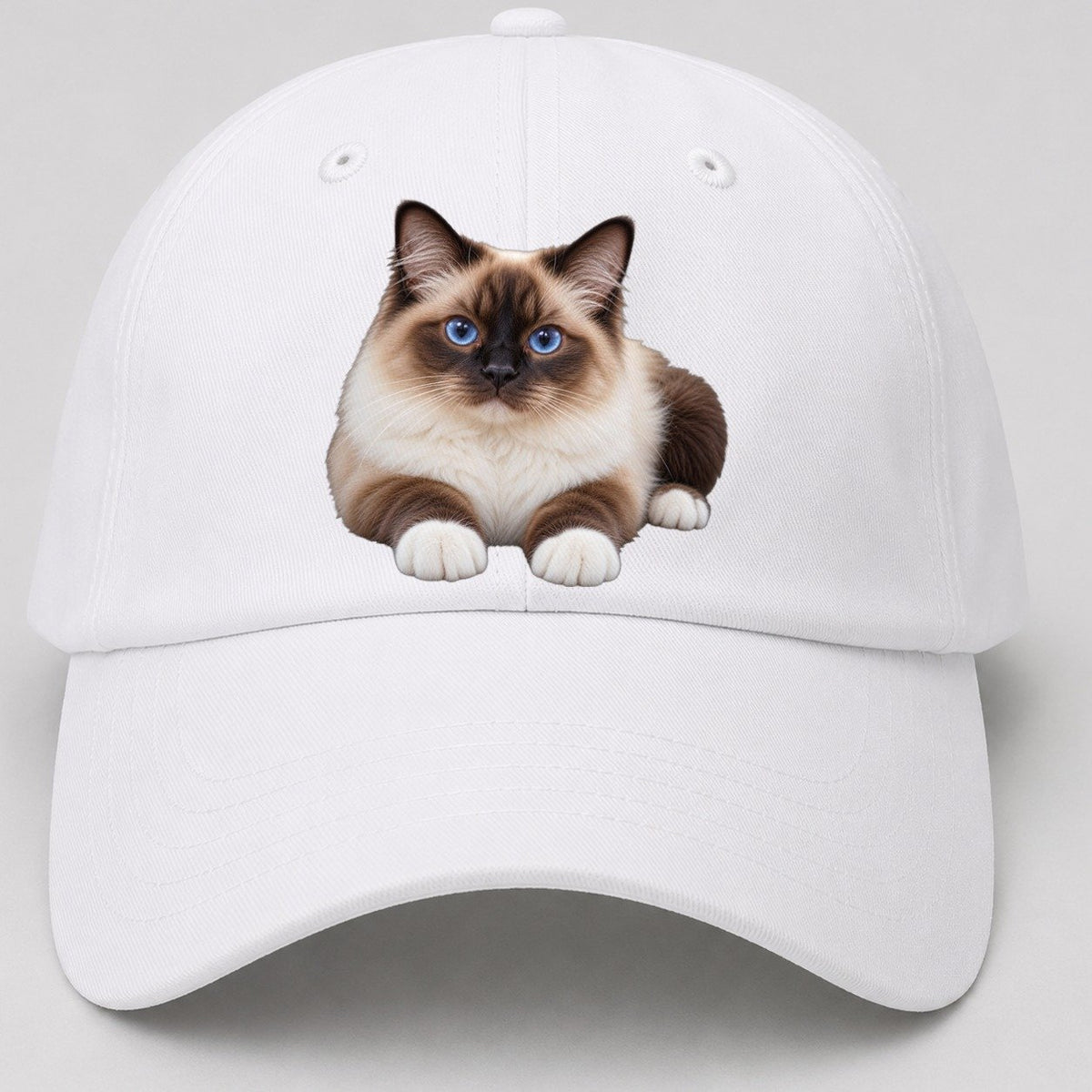 Birman Reclining Paws Forward Realistic Cat Portrait Baseball Cap – White