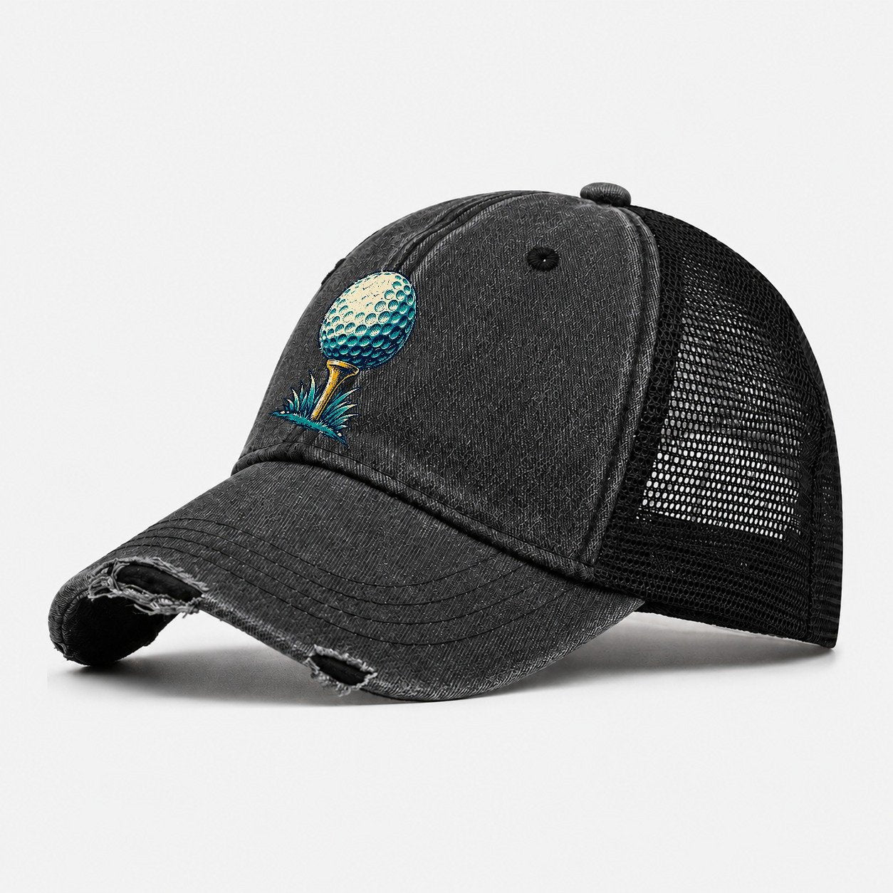 Tee And Ball Mark Golf Life Washed Trucker Hat – Black