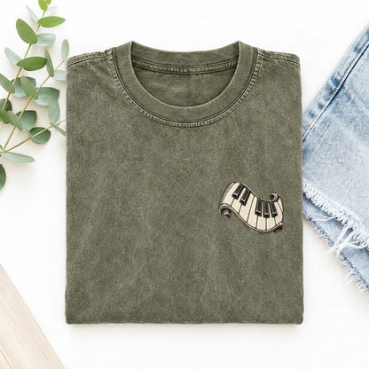 Piano Key Fold Keepsake Emblem Left Chest Vintage T-shirt – Army Green