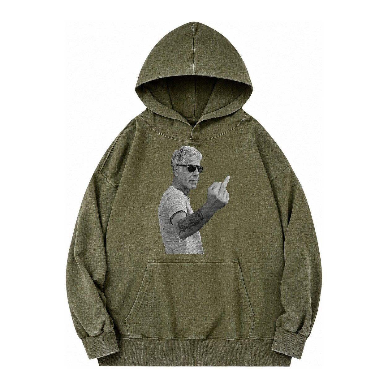 Anthony Bourdain Middle Finger Vintage Washed Hoodie – Army Green