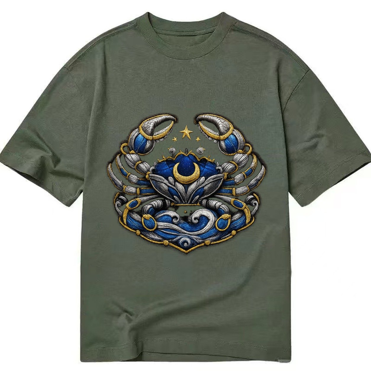 Embroidered Patch Design Cancer Crab Protective Crab In Silv Classic T-shirt – Army Green