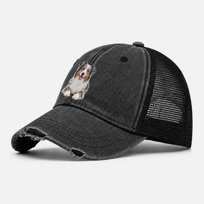 Australian Shepherd Sitting Top Breeds Washed Trucker Hat – Black