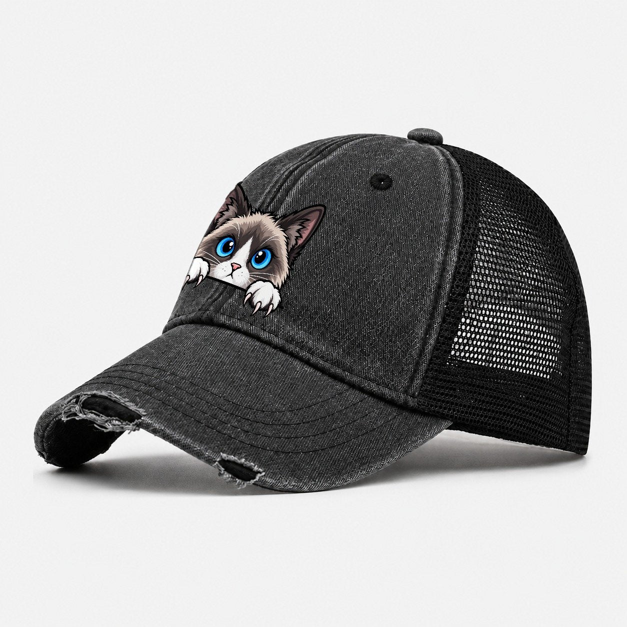Snowshoe Cat Peeking Peeking Cats Washed Trucker Hat – Black