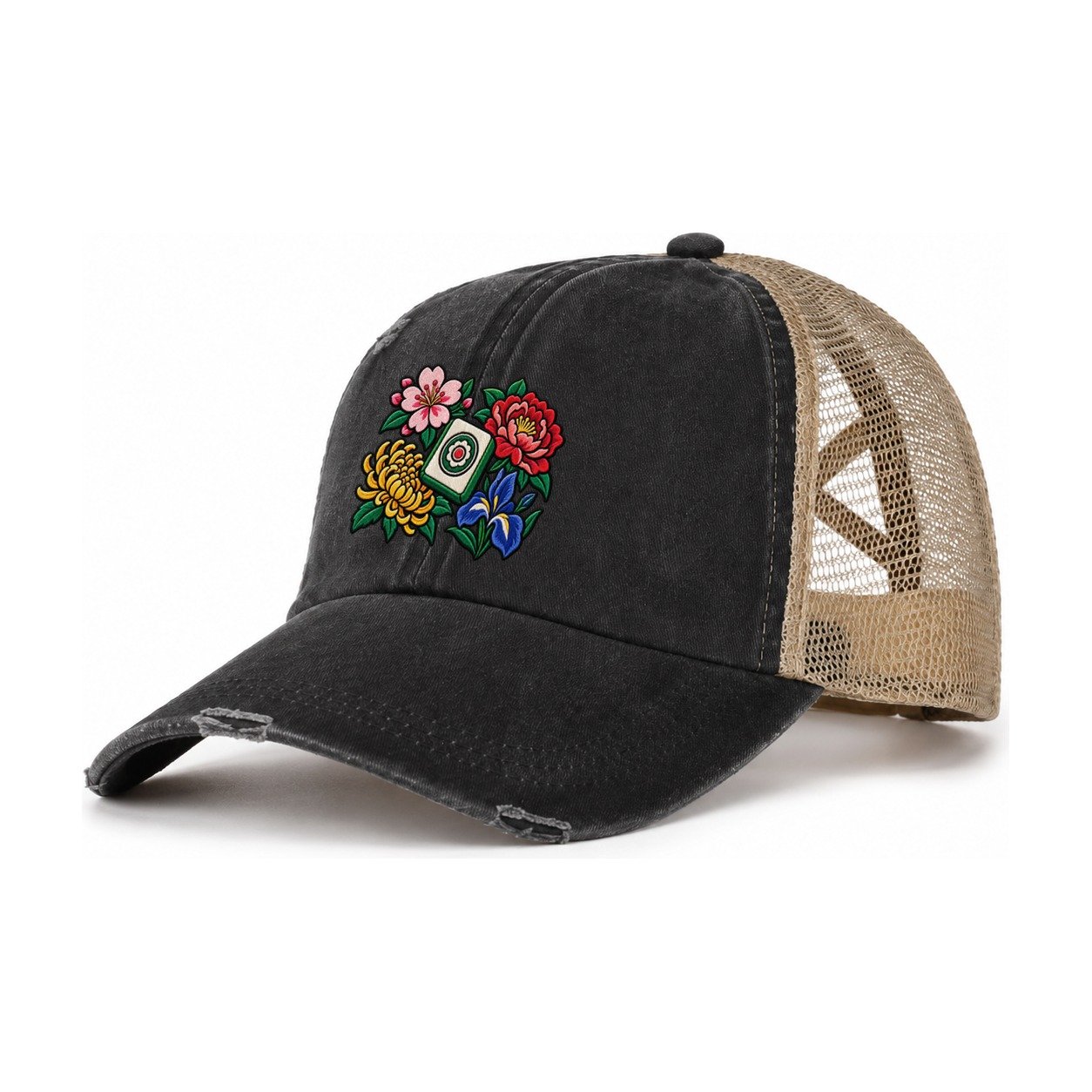 Flower Season Mahjong Game Night Women's Ponytail Trucker Hat – Washed Black Khaki