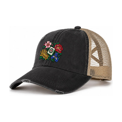 Flower Season Mahjong Game Night Women's Ponytail Trucker Hat – Washed Black Khaki