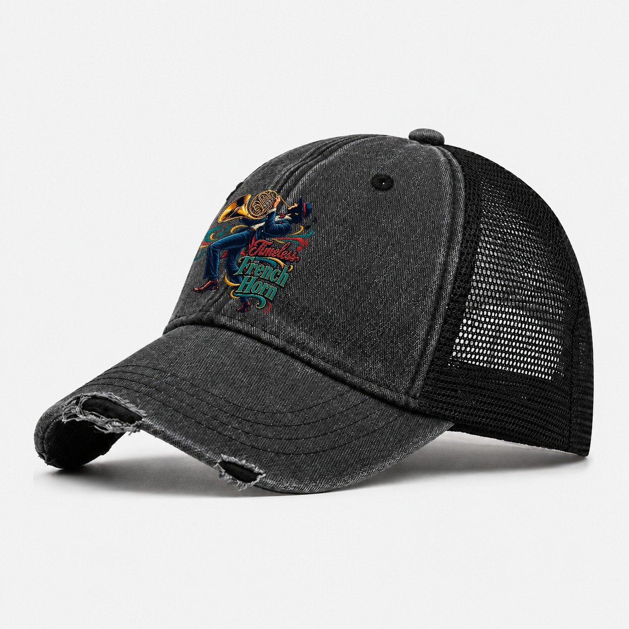 Timeless French Horn Music Instruments Washed Trucker Hat – Black