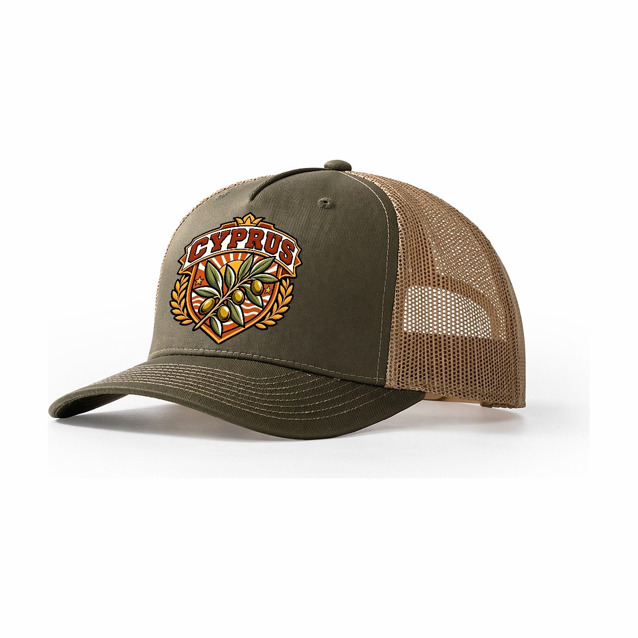 Cyprus Retro Badge Country Logos Trucker Hat – Olive Khaki