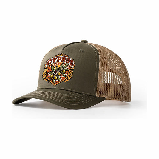 Cyprus Retro Badge Country Logos Trucker Hat – Olive Khaki