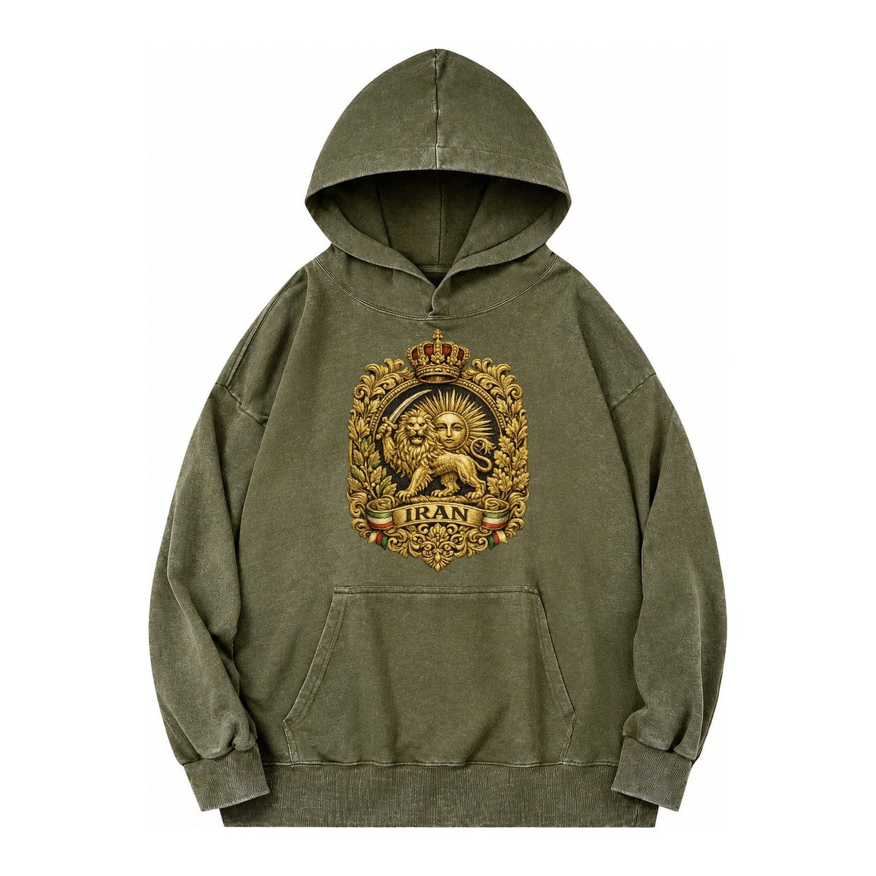 Iran Lion Sun Badge Vintage Washed Hoodie – Army Green