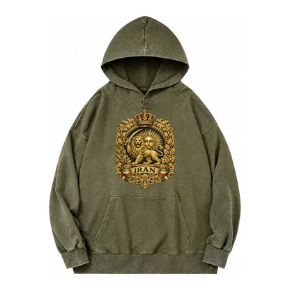 Iran Lion Sun Badge Vintage Washed Hoodie – Army Green