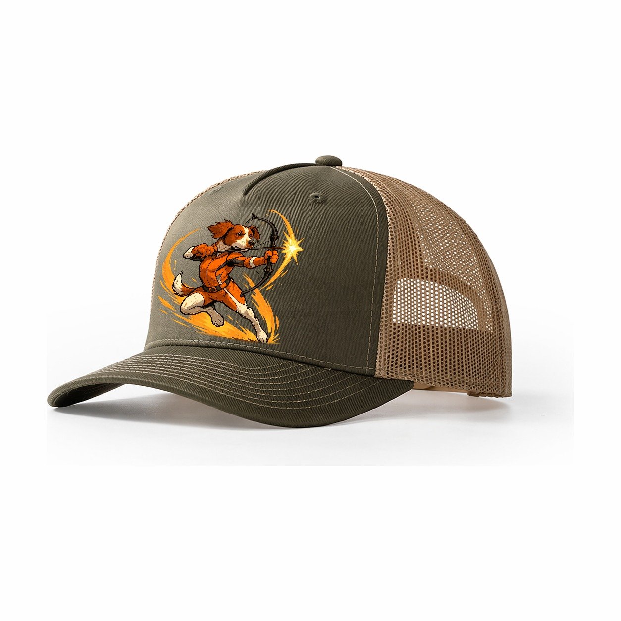 Brittany Hawkeye Hunting Heritage Compound Bow Gear Orange W Trucker Hat – Olive-Khaki