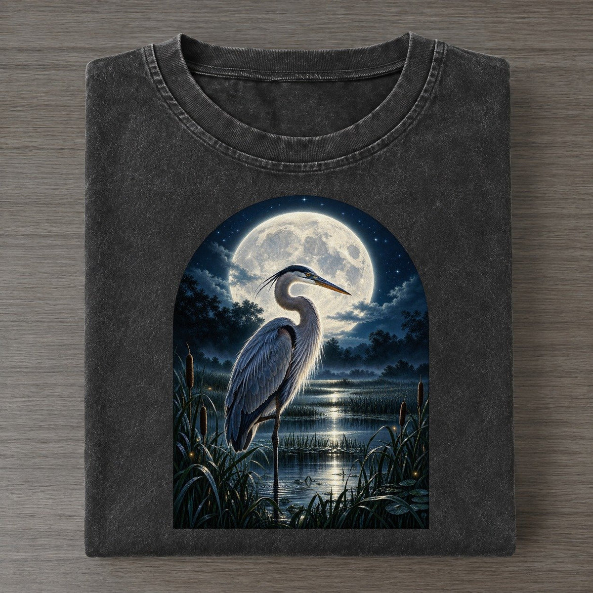 Heron In The Marsh Moon Country Vintage T-shirt – Black