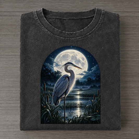 Heron In The Marsh Moon Country Vintage T-shirt – Black