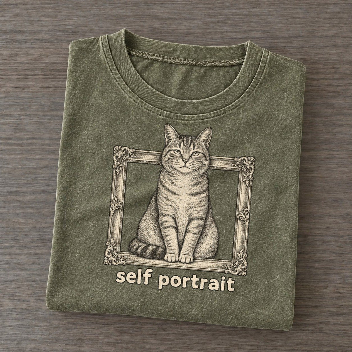 Cat Self Portrait Unbothered Creatures Vintage T-shirt – Army Green