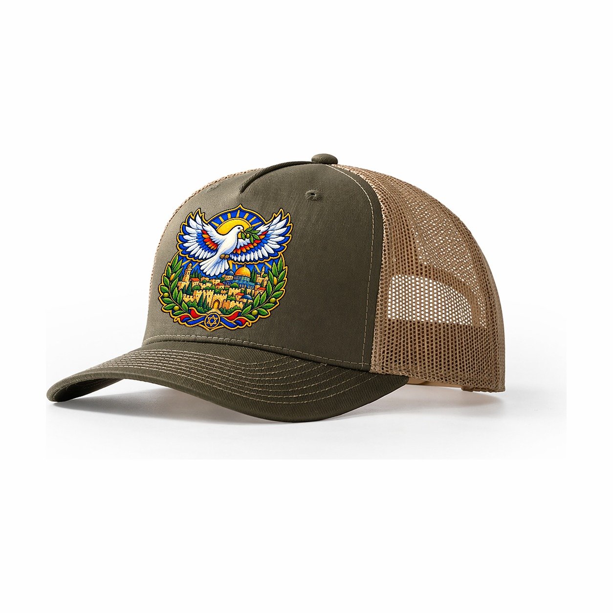 Dove Over The City Jerusalem Trucker Hat – Olive Khaki