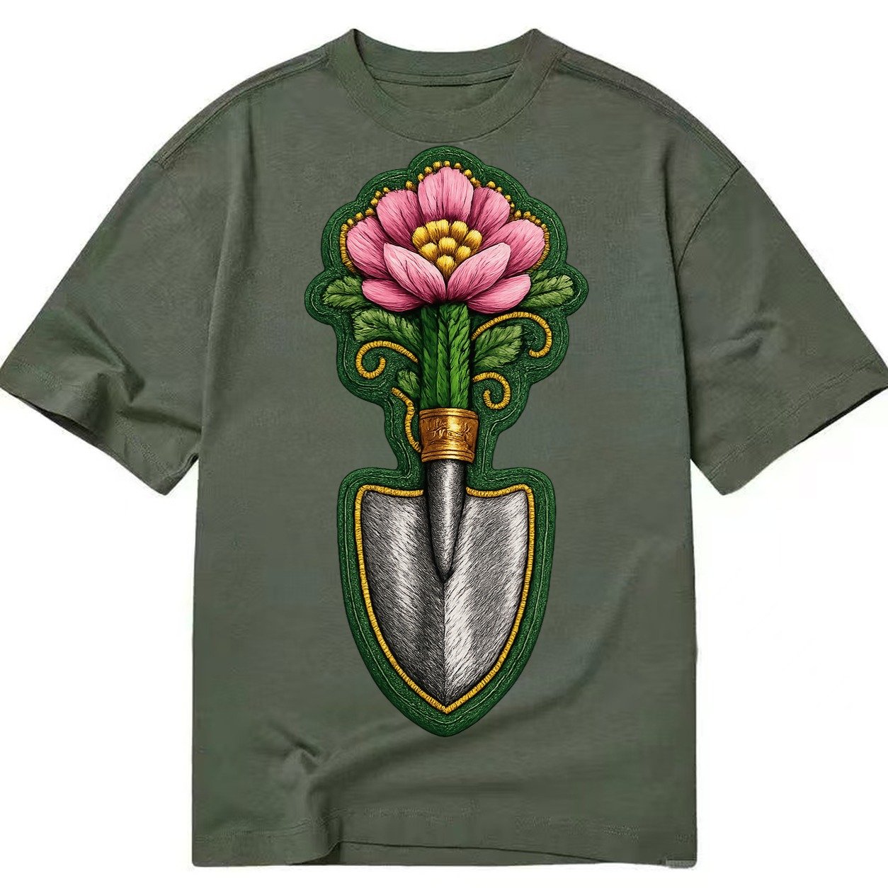 Embroidered Patch Design Gardening Trowel Flower Garden Tool Classic T-shirt – Army Green