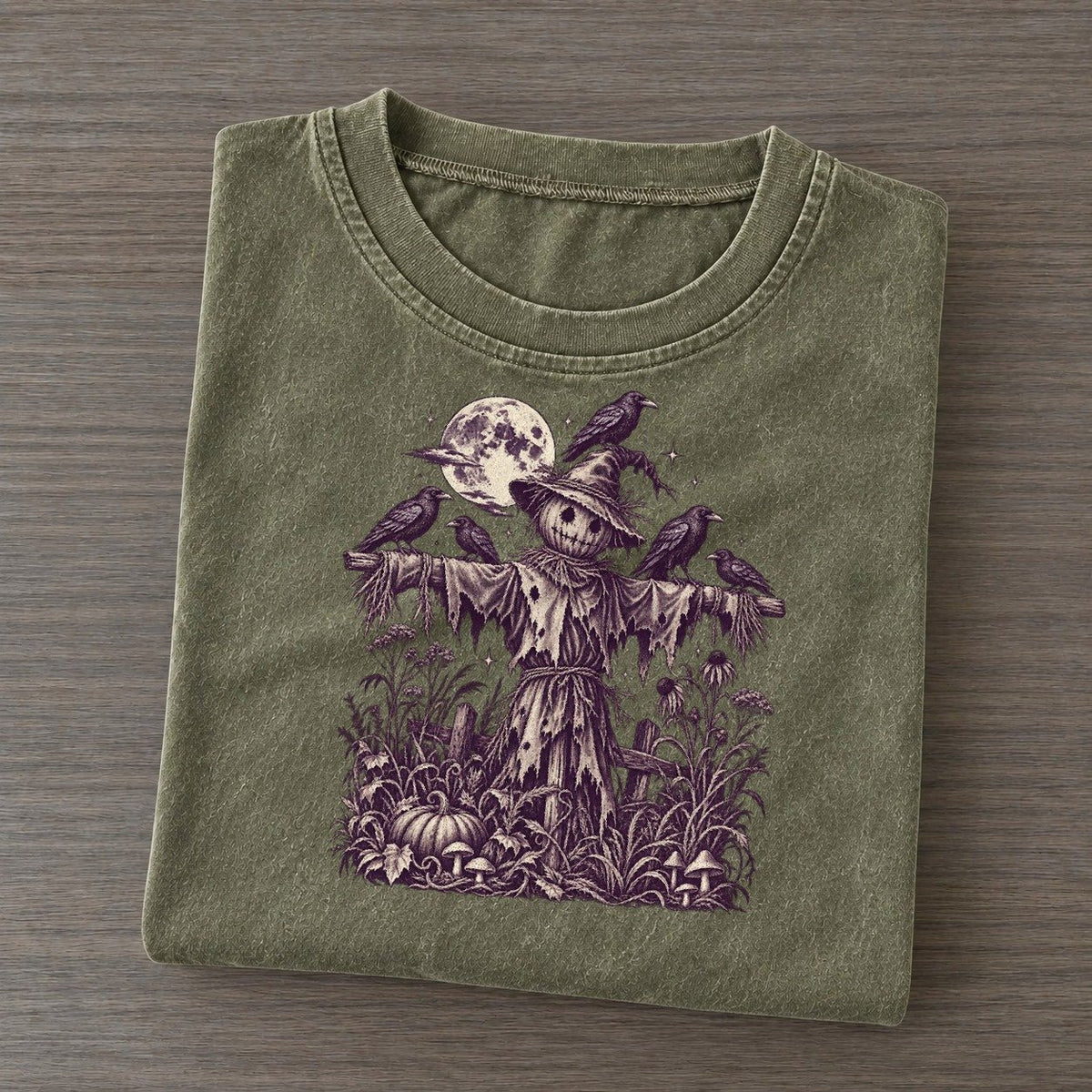 Crows On The Scarecrow Midnight Haunt Vintage T-shirt – Army Green