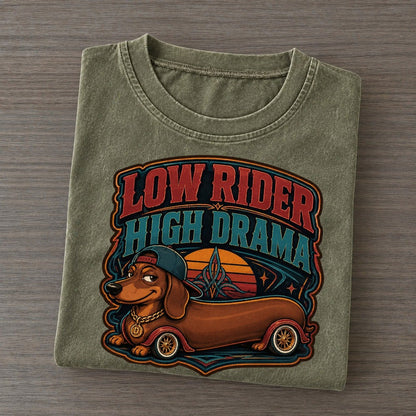 Low Rider High Drama Dachshund Vintage T-shirt – Army Green