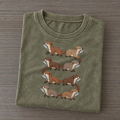 Otters With Fish Single File Vintage T-shirt – Army Green