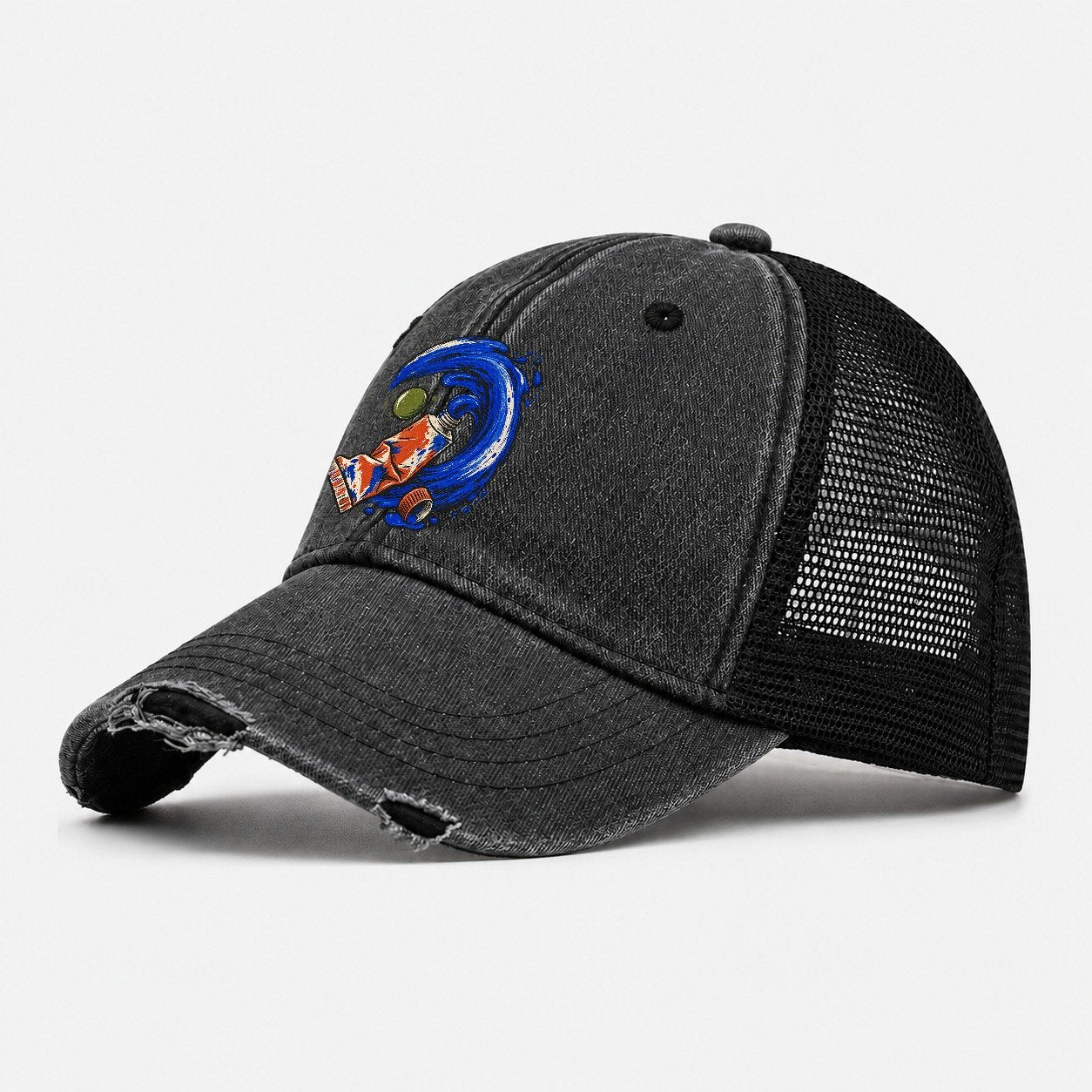 Cobalt Brush Wave Clay Color Makers Washed Trucker Hat – Black