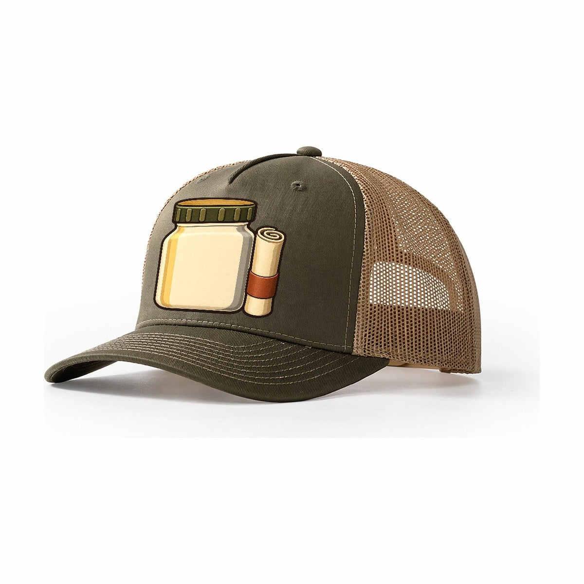 Jar Cache And Log Roll Geocaching Trucker Hat – Olive Khaki