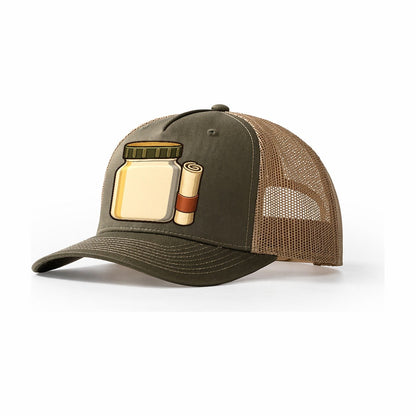 Jar Cache And Log Roll Geocaching Trucker Hat – Olive Khaki