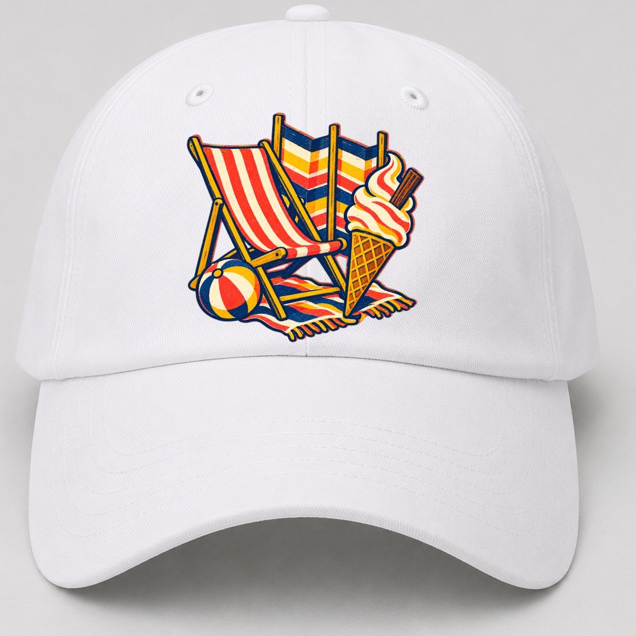 British Seaside Deckchair Windbreak And Ice Cream Uk Culture Heritage Baseball Cap – White