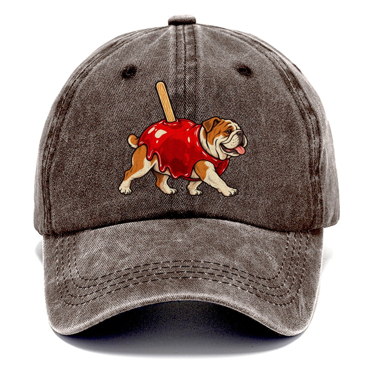 One Bulldog In Halloween Costume Candy Apple Costume Red Glossy Shell With A Stick Halloween Dog Parade Classic Cap – Brown
