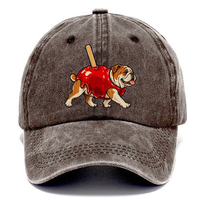 One Bulldog In Halloween Costume Candy Apple Costume Red Glossy Shell With A Stick Halloween Dog Parade Classic Cap – Brown