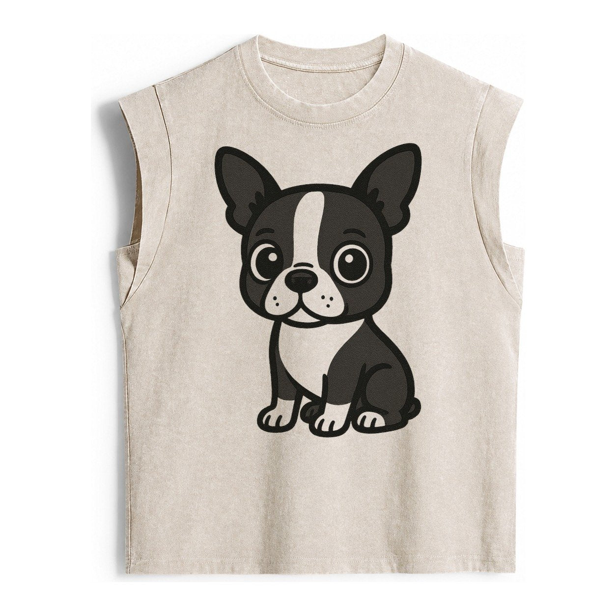 Boston Terrier Black And White Sitting Pose With Tuxedo Mark Vintage Washed Tank – Beige