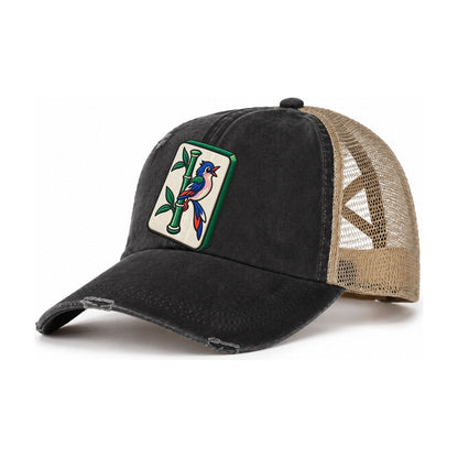 Bamboo Songbird Mahjong Game Night Women's Ponytail Trucker Hat – Washed Black Khaki