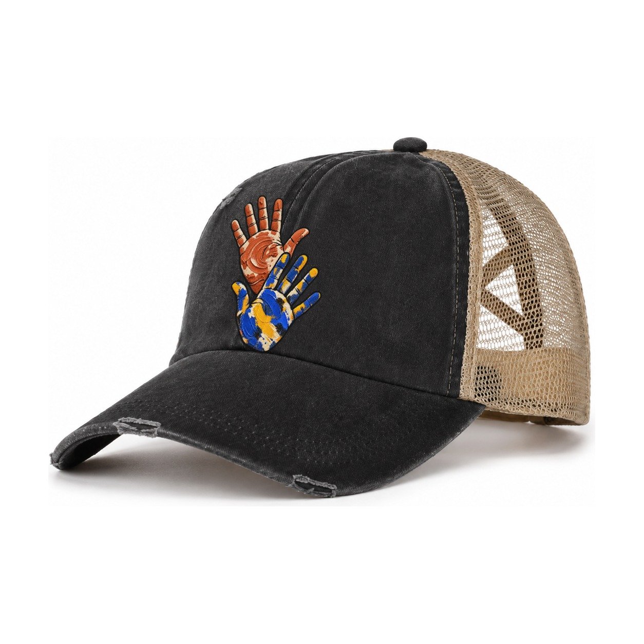 Clay And Color Hands Clay Color Makers Women's Ponytail Trucker Hat – Washed Black Khaki