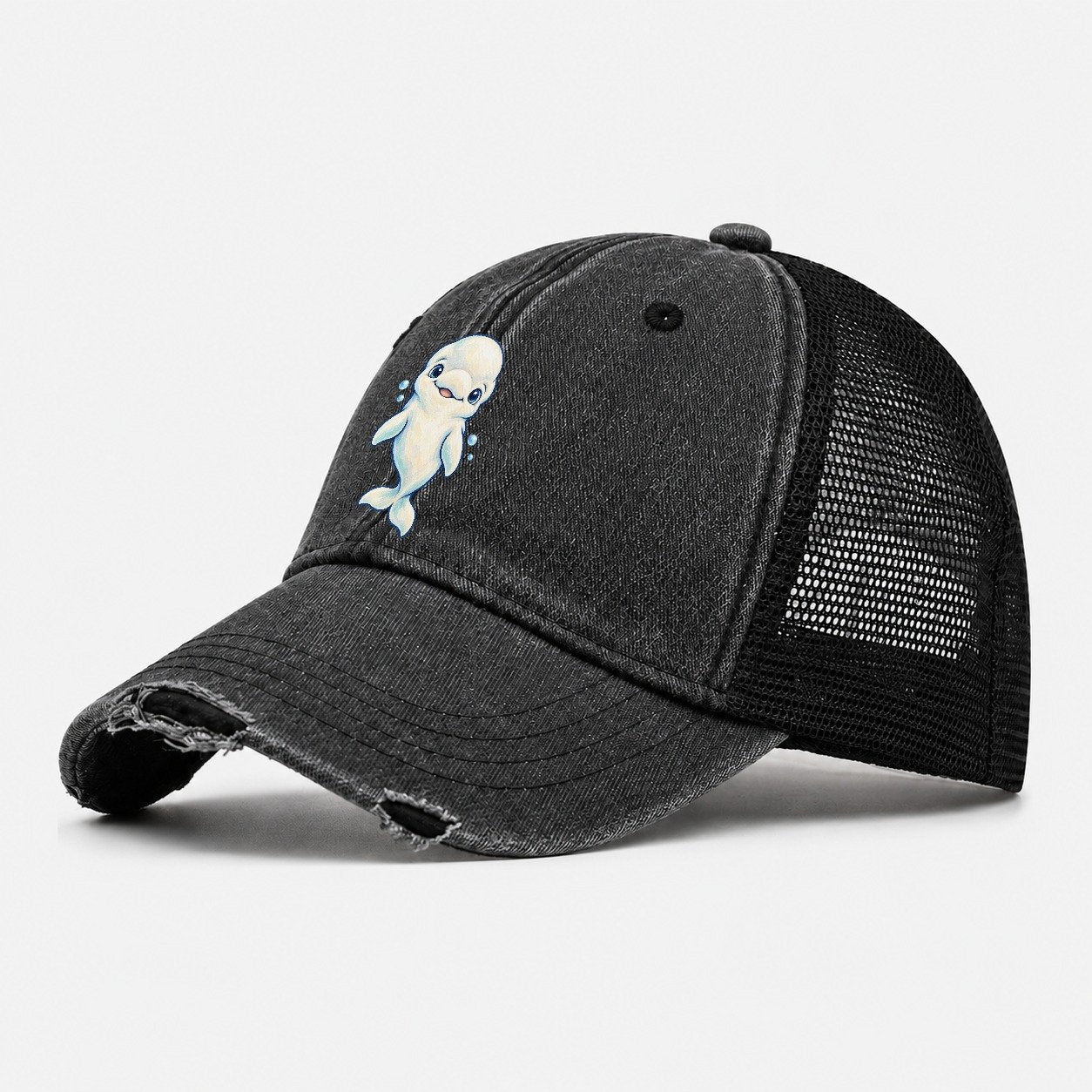Beluga Whale Front Smile Sea Sprite Washed Trucker Hat – Black
